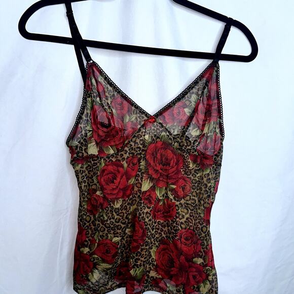 Victoria Secret Womens Size Medium Sheer Mesh Camisole Y2K Leopard Red Rose - Picture 1 of 6